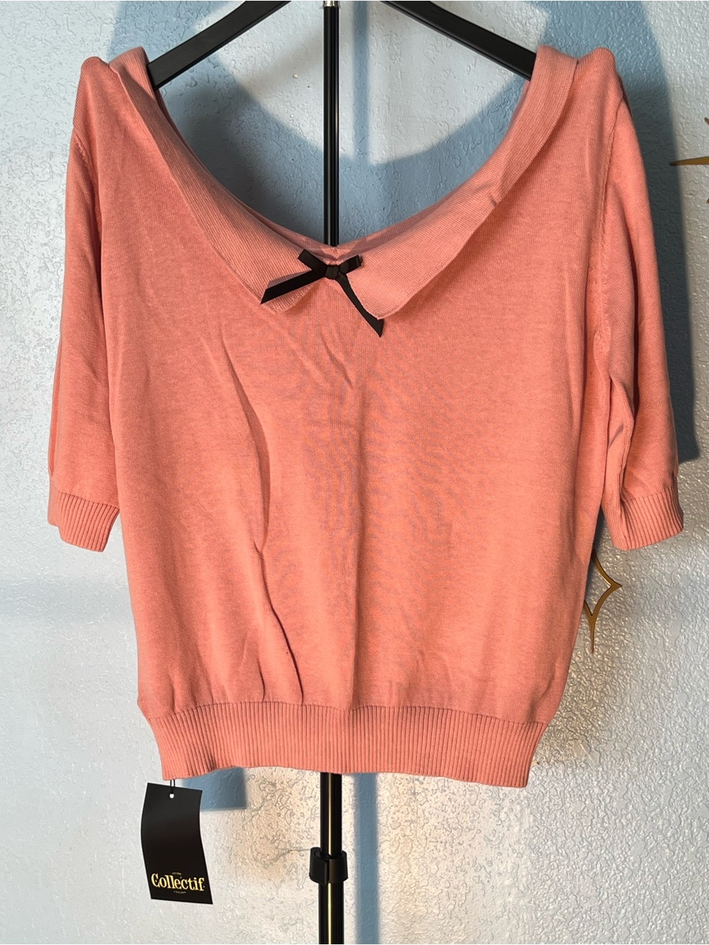 Collectif Pink Babette Scoop Neck Sweater with Bow